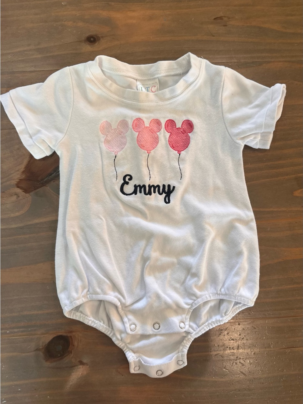 White Baby Onesie with Mickey Balloons and Emmy Embroidery